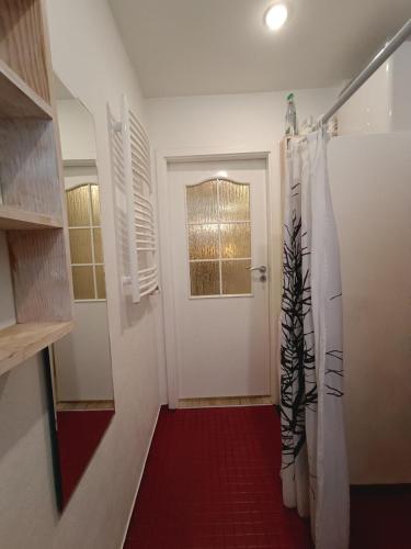 a hallway with a white door and a red carpet at Kaunas Inn Colors in Kaunas