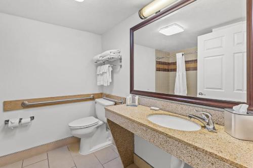 a bathroom with a sink and a toilet and a mirror at Radisson Hotel Salt Lake City Airport in Salt Lake City
