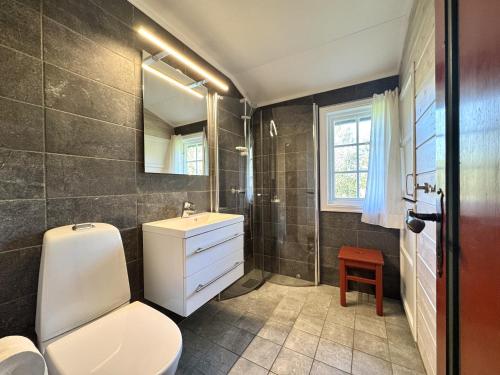 a bathroom with a toilet and a sink at Tvilsombu, cosy cabin close to ski slopes in Geilo