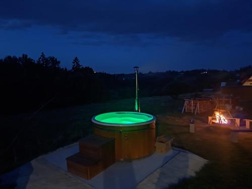 a green frisbee in a barrel at night at Łosiowe Wzgórze in Leśnica