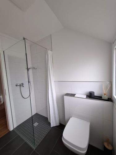 a white bathroom with a shower and a toilet at Bright 3-room apartment - space for family & friends in Tecklenburg