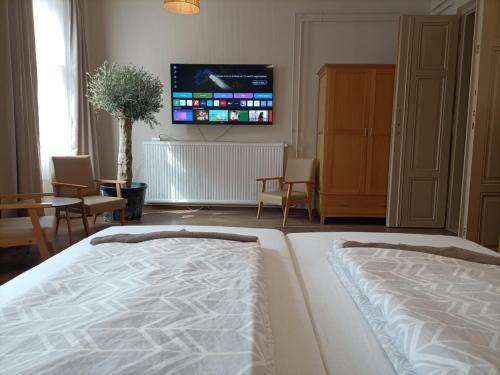 a bedroom with a bed and a flat screen tv at Central Apartments in Pápa