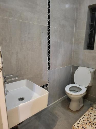 a bathroom with a white toilet and a sink at Skyline Guest House in Mahikeng