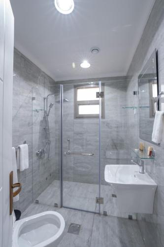 a bathroom with a shower and a toilet and a sink at Plaza Athenee Hotel in Kuwait