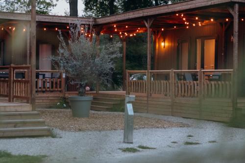 a house with a porch with lights on it at Vakantiepark Sallandshoeve in Nieuw-Heeten