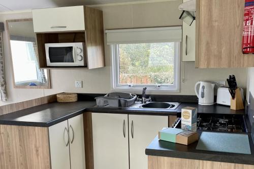 a small kitchen with a sink and a microwave at Newquay Bay Resort pet friendly sleeps 6 WiFi in Newquay