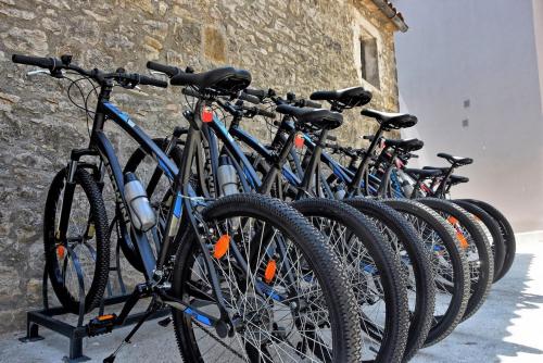 a row of bikes parked next to a stone building at Villa Zita with private pool and sauna in Potpićan