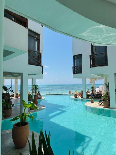 a swimming pool with the ocean in the background at ZAN Tropical Island in Bwejuu