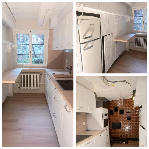 a kitchen with white cabinets and a white refrigerator at Room in cosy traditional swiss house 