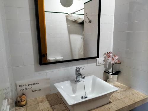 a bathroom with a sink and a mirror at Casa rural Alicia in Cortegana