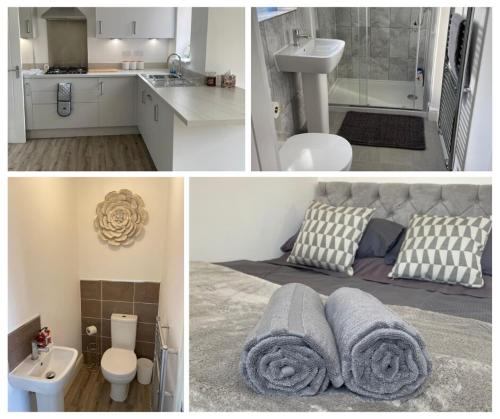 a collage of pictures of a bathroom with a sink and a toilet at Four Bedroom House By Brookland Stays Serviced Accommodation Short Lets Leeds With Free WiFi in Morley
