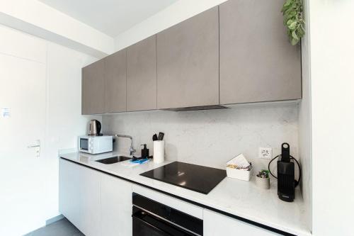 ルガノにあるStudio Besso 31 by Quokka 360 - flat 10 minutes from the railway stationのシンクと電子レンジ付きのキッチン