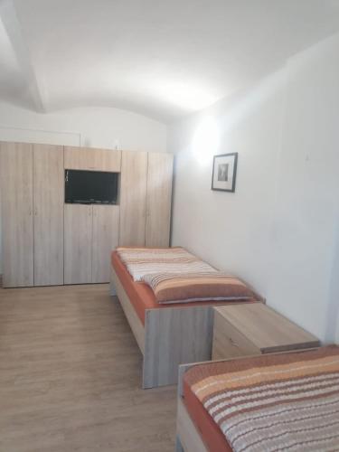 a bedroom with two beds and a flat screen tv at Ubytování Louny in Louny