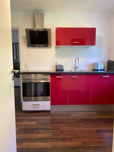 a kitchen with red cabinets and a sink at Ferienwohnung Paradies Hella in Kippenheim