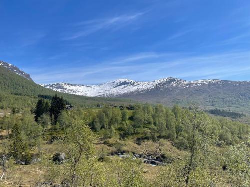a view of a mountain range with snow covered mountains at Harevadet 217 in Volda