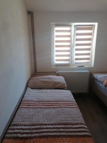 two beds in a room with two windows at Ubytování Louny in Louny