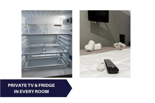 a picture of an empty refrigerator with a remote control at Bed En Koffie Oss Stylish Room In Historic Weaving in Oss