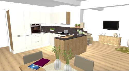 a drawing of a kitchen with a living room at Appartements Der Fuchsbau in Saalbach Hinterglemm