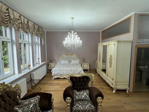 a bedroom with a bed and a chandelier at Zum Böhmen Ferienwohnung Hermann von Salza in Bad Langensalza