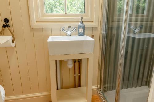 a bathroom with a sink and a shower at The Orchard Hut in Burnham Market