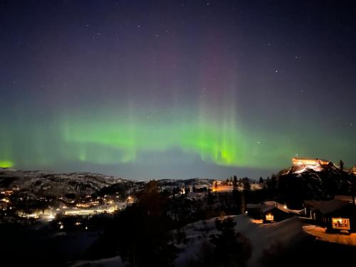 an aurora dances in the sky over a town at Fantastic view, great holiday in Tjørhom Sirdal in Haugen