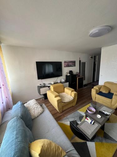 a living room with a couch and chairs and a flat screen tv at Grbavica Apartman in Sarajevo