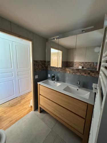 a bathroom with a sink and a large mirror at La Catiche des Loutres in Revel