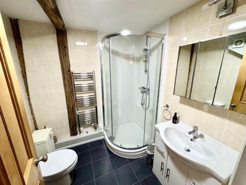 a bathroom with a shower and a toilet and a sink at Tudor Cottage - hidden treasure in Tewkesbury