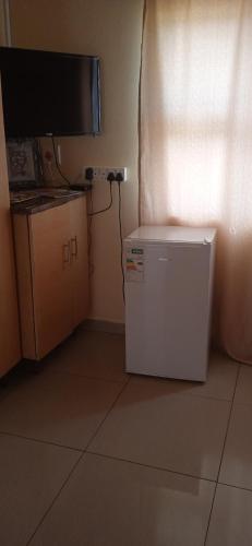 a small white refrigerator in a room with a television at Tsoga OTirele guesthouse in Matrooster