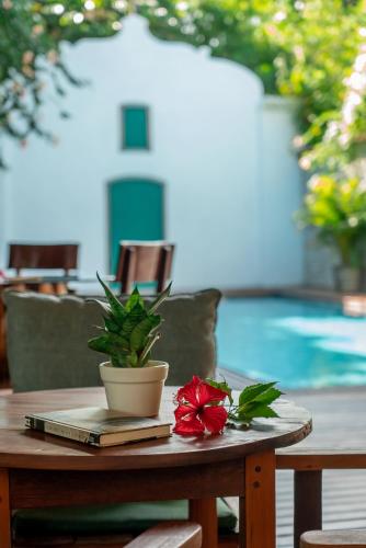 a table with a book and a plant on it at Pousada Cajueiro Trancoso in Trancoso