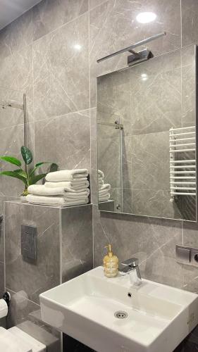 a bathroom with a white sink and a mirror at Двох рівнях апартамент для 3 осіб N1 in Chernivtsi