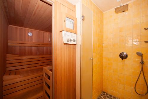 a bathroom with a walk in shower next to a sauna at Hotel Gallo Nero in SantʼAndrea