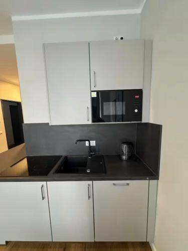 a kitchen with a sink and a microwave at Hamburg Hafen Wohnung in Hamburg