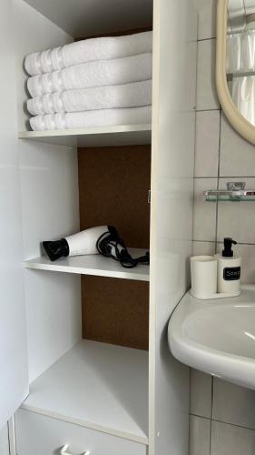 a bathroom with a sink and a shelf with towels at Entire Villa, free breakfast, free parking in Veldhoven