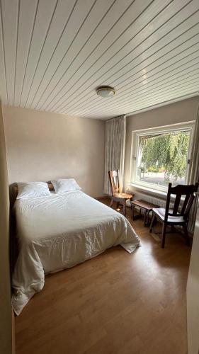a bedroom with a bed and a window and a desk at Entire Villa, free breakfast, free parking in Veldhoven