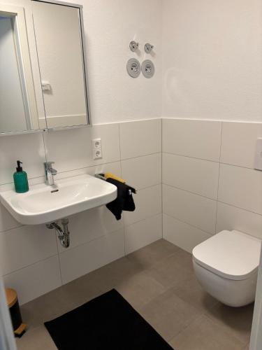 a bathroom with a sink and a toilet and a mirror at Queen Apartment in Metzingen