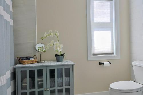 a bathroom with a toilet and a cabinet with flowers on it at Mod Abode 2 bdrm Highland UofR Downtown in Rochester
