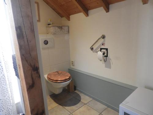 a bathroom with a toilet with a wooden seat at Bed&Breakfast 't Eikeltje in Hollandscheveld