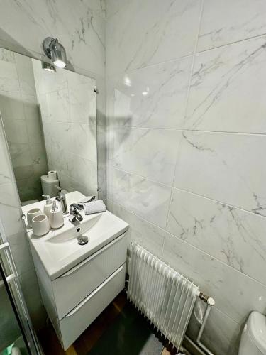 a white bathroom with a sink and a mirror at Le petit chartreux in Grenoble