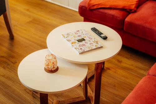 two tables in a living room with a remote control at Little Red Wood in Braunlage