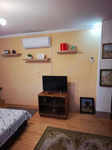 una camera da letto con un letto e una televisione su un tavolo di little&sweet a Sarajevo