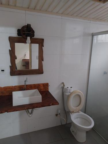 Un baño con inodoro, lavabo y espejo. en Chácara PontAlegre, en Rondonópolis