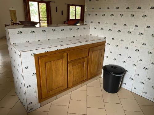 a kitchen with a counter and a trash can at Villa Warang in Mbour