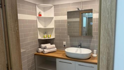 a bathroom with a sink and a mirror at Green Leaf Studio in Wrocław
