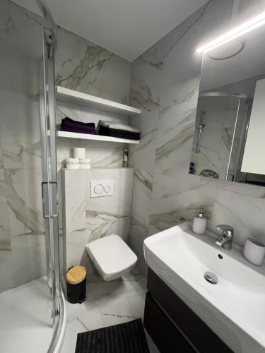 a bathroom with a sink and a shower and a toilet at Apartmán Sĺňava rezort Linea Piešťany in Piešťany