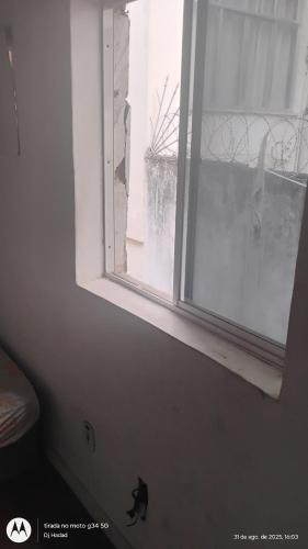 een zwarte kat die voor een raam zit bij Santa Alexandrina in Rio de Janeiro