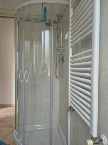 a shower with a glass door in a bathroom at Casa indipendente Roque Vista al mar con parking gratuito in Vallecrosia