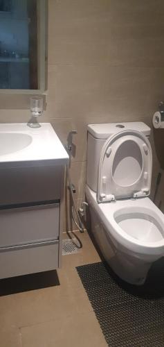 a bathroom with a white toilet and a sink at Trizen luxury apartments Colombo Sri lanka in Colombo