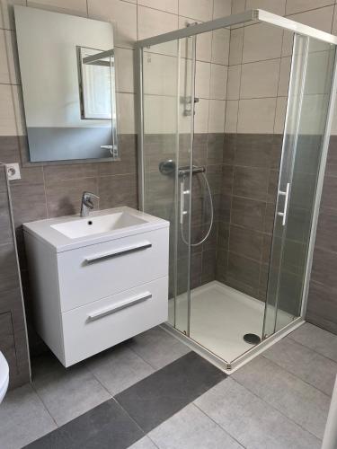 a bathroom with a shower and a sink at Maison à la campagne in Combon