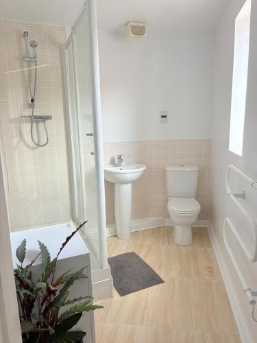 a bathroom with a toilet and a sink at Modern, Spotless Flat Near M4,Free Parking & Wi-Fi in Pontardulais